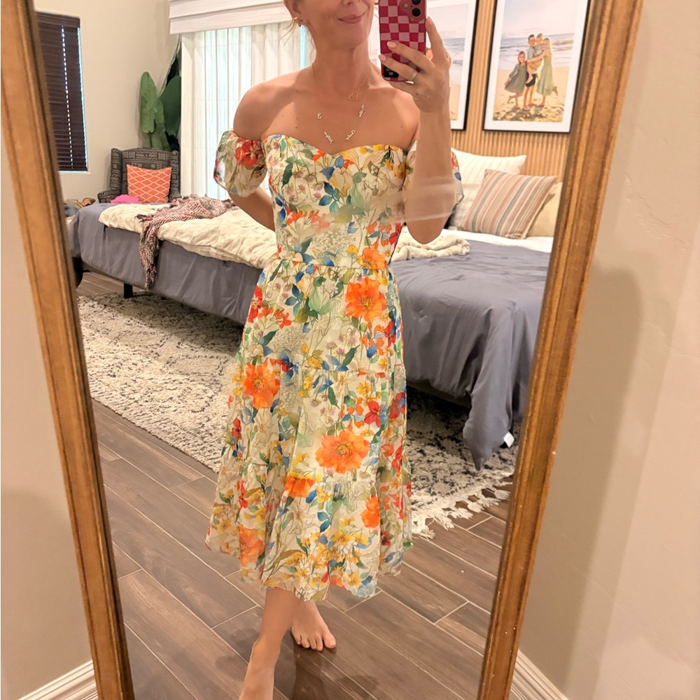 Dress the Population Floral Off-Shoulder Midi Dress